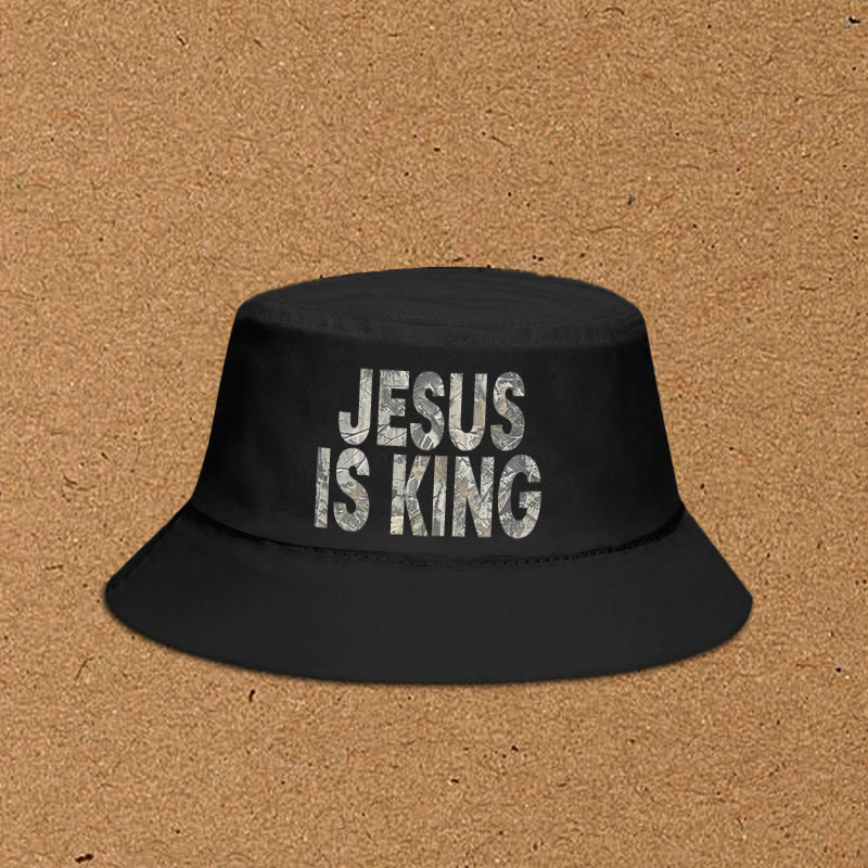 Dead Leaves Camouflage Jesus Is King Print Bucket Hat - Black - XL(62cm) - image 2