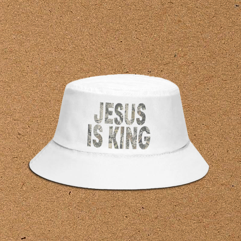 Dead Leaves Camouflage Jesus Is King Print Bucket Hat - White - XL(62cm) - image 1
