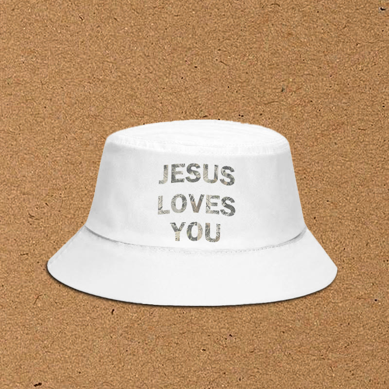 Dead Leaves Camouflage Jesus Loves You Print Bucket Hat - White - XL(62cm) - image 2