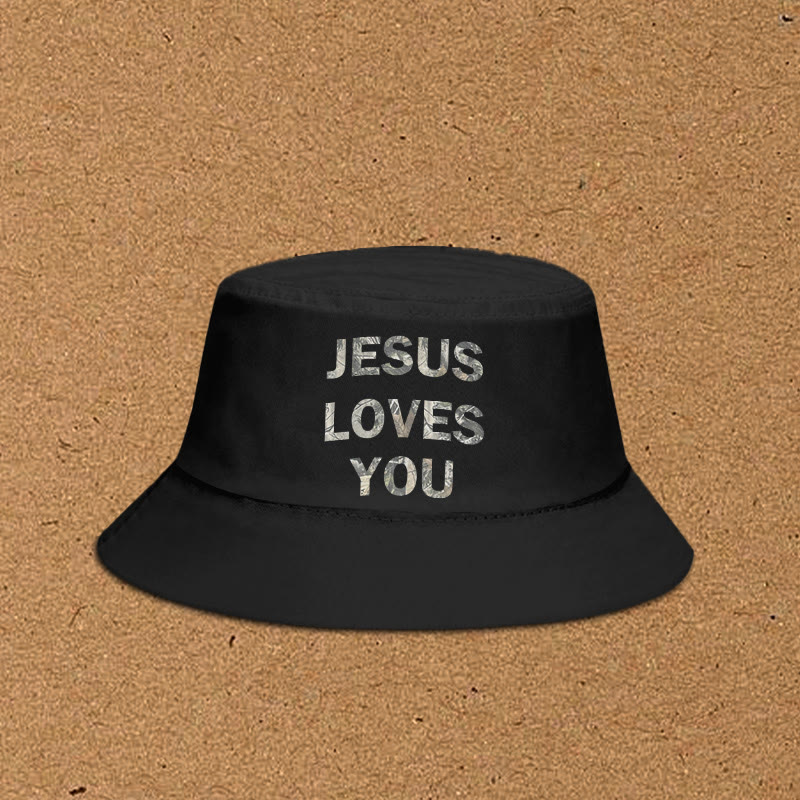 Dead Leaves Camouflage Jesus Loves You Print Bucket Hat - Black - XL(62cm) - image 1