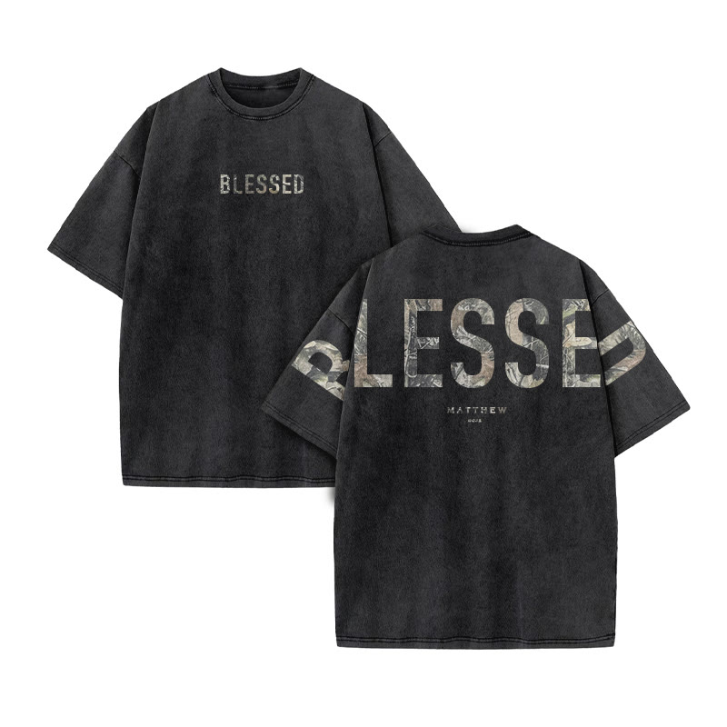 Blessed Matthew 5:3-12 Dead Leaves Camouflage Print Acid Washed T-shirt - Black - US20-22(3XL) - image 2