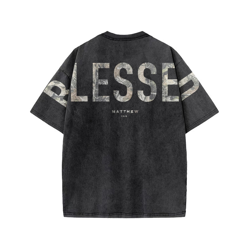 Blessed Matthew 5:3-12 Dead Leaves Camouflage Print Acid Washed T-shirt - image 1