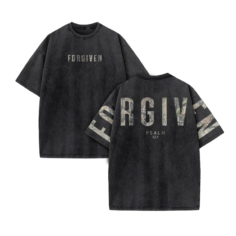 Forgiven Psalm 32:1 Dead Leaves Camouflage Print Acid Washed T-shirt - Black - US20-22(3XL) - image 2