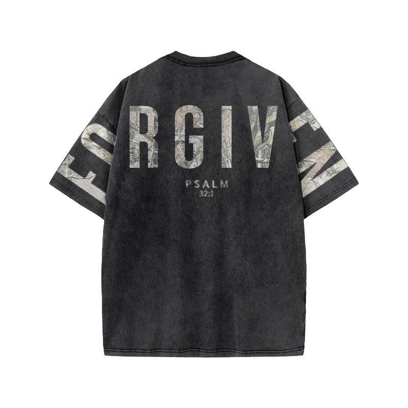 Forgiven Psalm 32:1 Dead Leaves Camouflage Print Acid Washed T-shirt - image 1