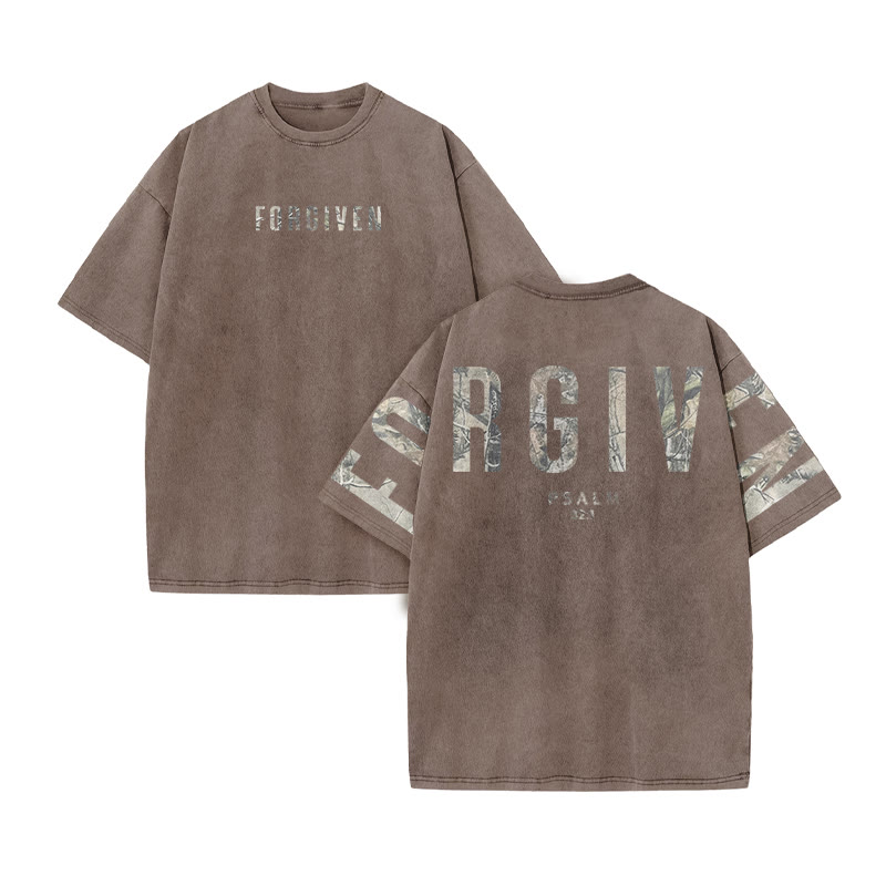 Forgiven Psalm 32:1 Dead Leaves Camouflage Print Acid Washed T-shirt - Coffee - US20-22(3XL) - image 4