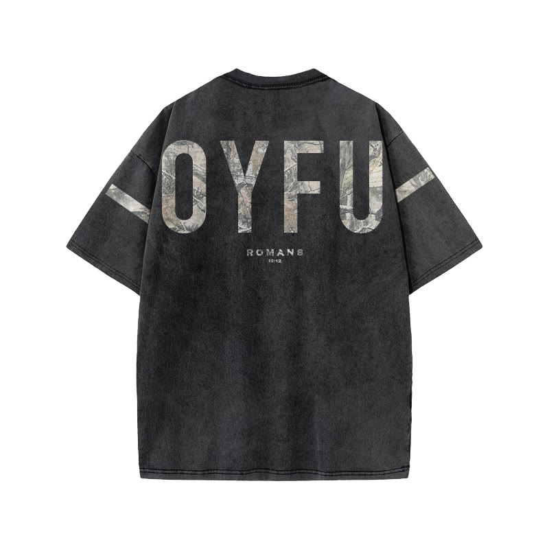 Joyful Romans 12:12 Dead Leaves Camouflage Print Acid Washed T-shirt - image 1