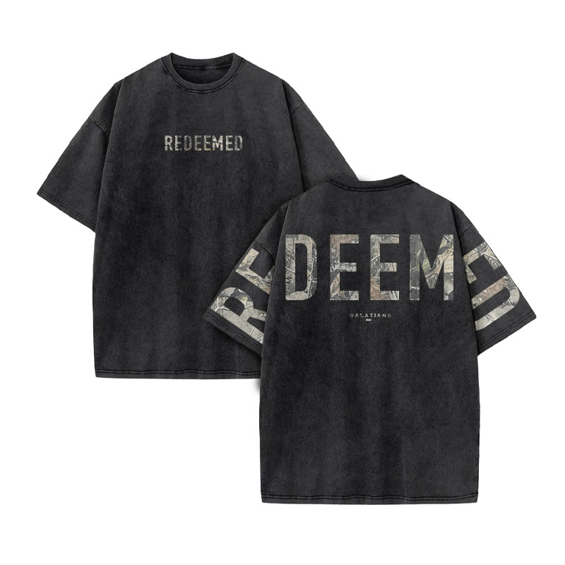 Redeemed Galatians 2:20 Dead Leaves Camouflage Print Acid Washed T-shirt - Black - US20-22(3XL) - image 2