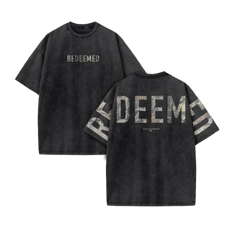 Redeemed Galatians 2:20 Dead Leaves Camouflage Print Acid Washed T-shirt - Black - US20-22(3XL) - image 2