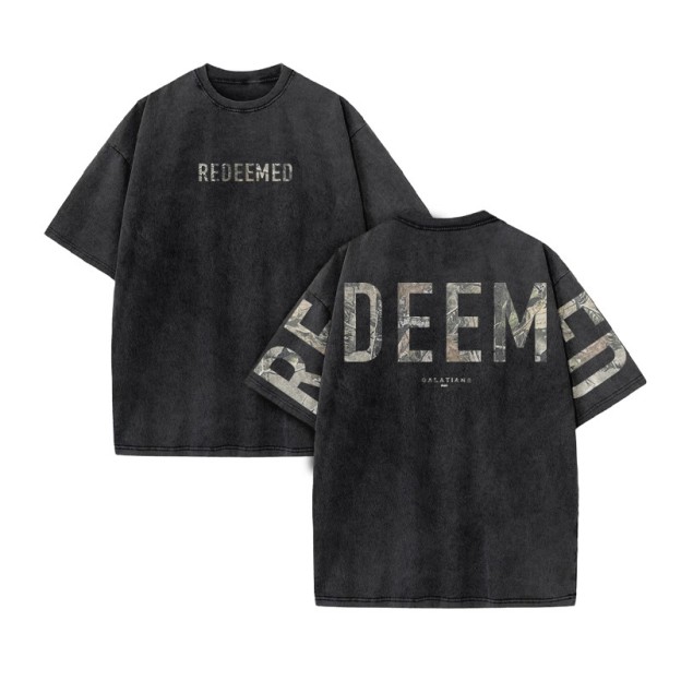 Redeemed Galatians 2:20 Dead Leaves Camouflage Print Acid Washed T-shirt - Black - US20-22(3XL) - image 2