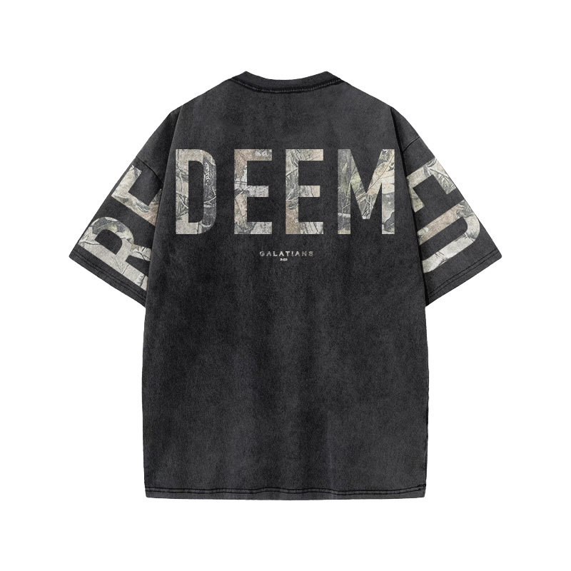Redeemed Galatians 2:20 Dead Leaves Camouflage Print Acid Washed T-shirt - image 1