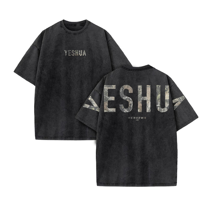Yeshua Hebrews 13:8 Dead Leaves Camouflage Print Acid Washed T-shirt - Black - US20-22(3XL) - image 2