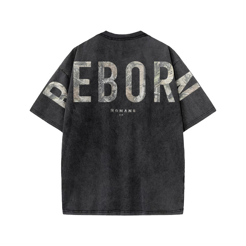Reborn Romans 6:4 Dead Leaves Camouflage Print Acid Washed T-shirt - image 1