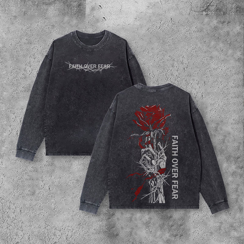 Faith Over Fear Print Acid Washed Long Sleeve T-shirt - Black - US20-22(3XL) - image 1