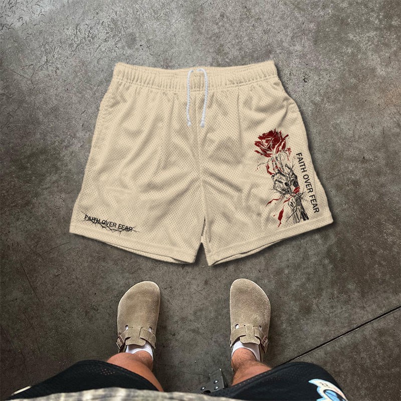 Faith Over Fear Print Mesh Shorts - Apricot - 5XL - image 2