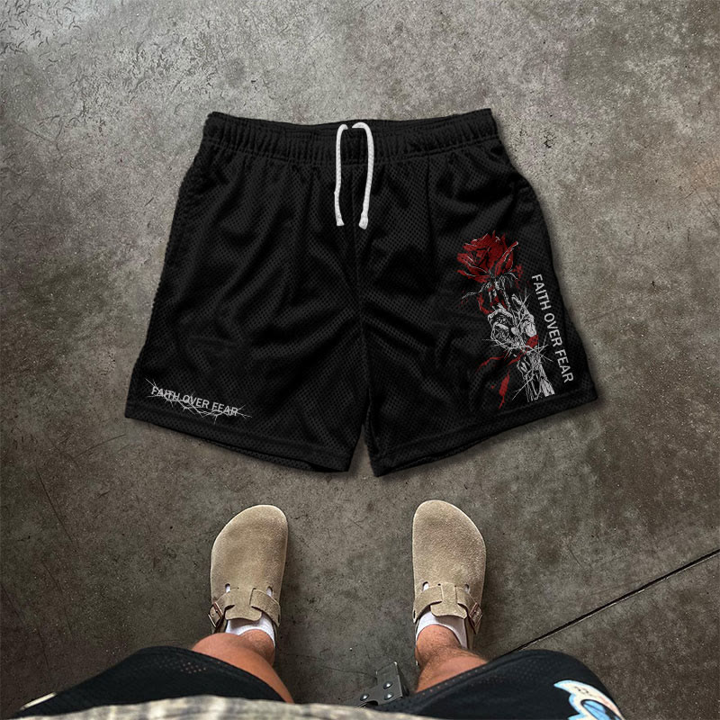 Faith Over Fear Print Mesh Shorts - Black - 5XL - image 1