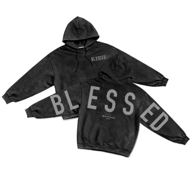 Blessed Matthew 5:3-12 Printed Washed Hoodie  - Black - US16-18(2XL) - image 1