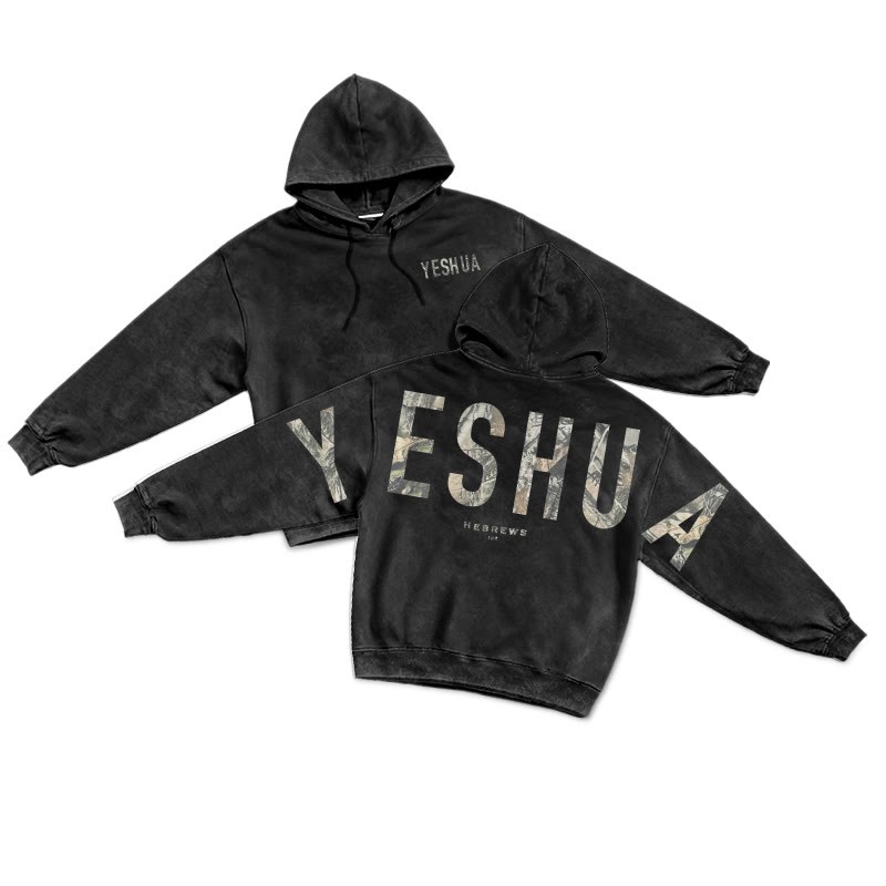 Yeshua Hebrews 13:8 Dead Leaves Camouflage Printed Washed Hoodie  - Black - US16-18(2XL) - image 1