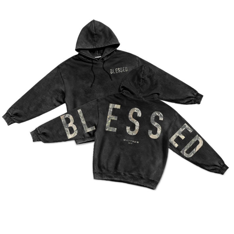 Blessed Matthew 5:3-12 Dead Leaves Camouflage Printed Washed Hoodie  - Black - US16-18(2XL) - image 1