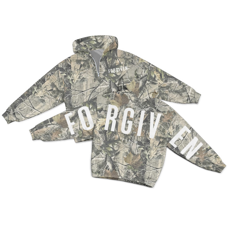 Forgiven Psalm 32:1 Dead Leaves Camouflage Print Half Zip Hoodie - Grey - US32-34(5XL) - image 1
