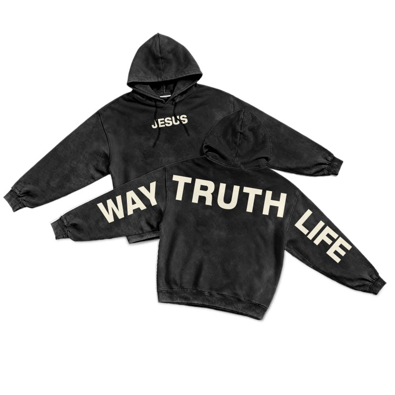 Jesus Is The Way The Truth The Life Creative Back Printed Washed Hoodie  - Black - US16-18(2XL) - image 1