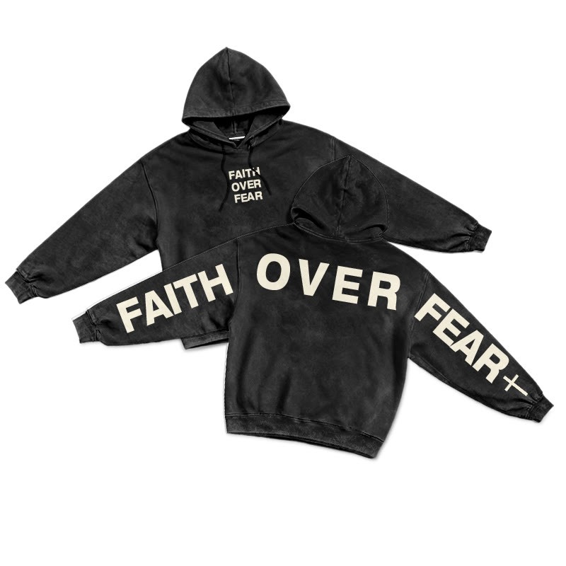 Faith Over Fear Creative Back Printed Washed Hoodie  - Black - US16-18(2XL) - image 1