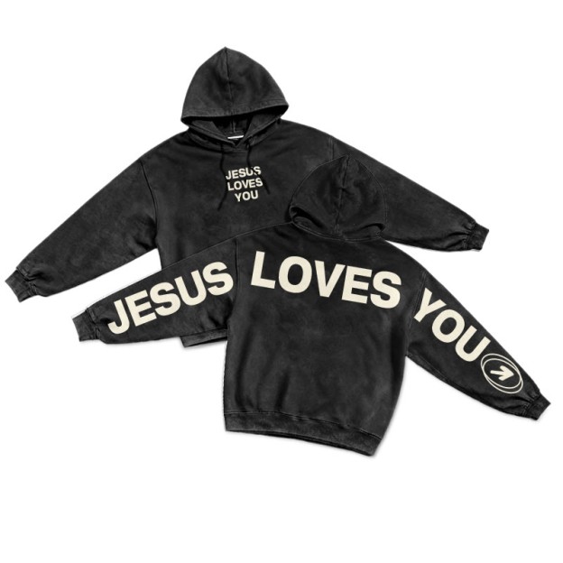 Jesus Loves You Creative Back Printed Washed Hoodie  - Black - US16-18(2XL) - image 1