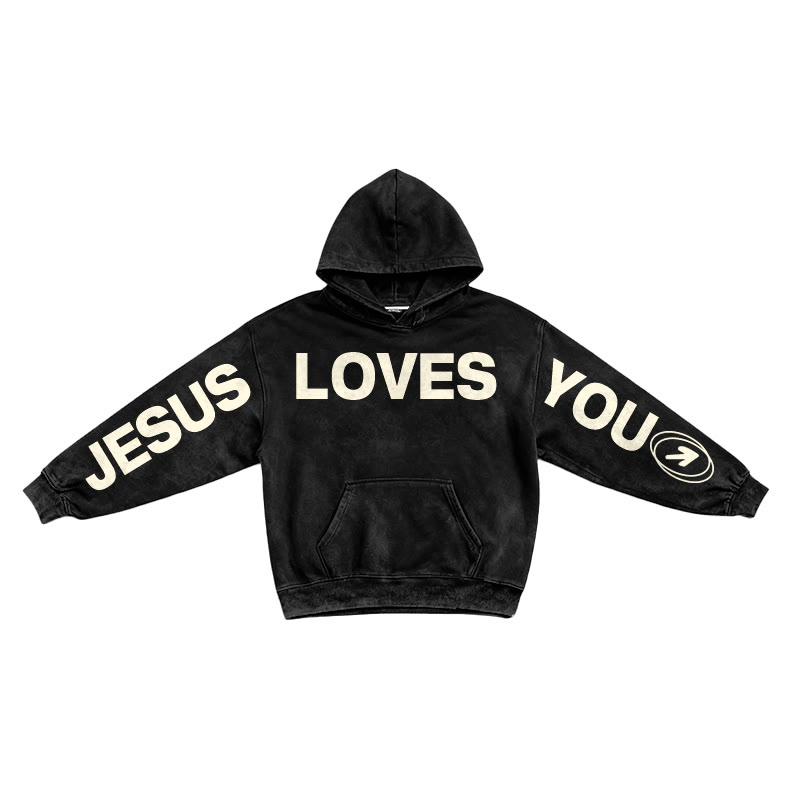 Jesus Loves You Creative Printed Washed Hoodie  - Black - US16-18(2XL) - image 1