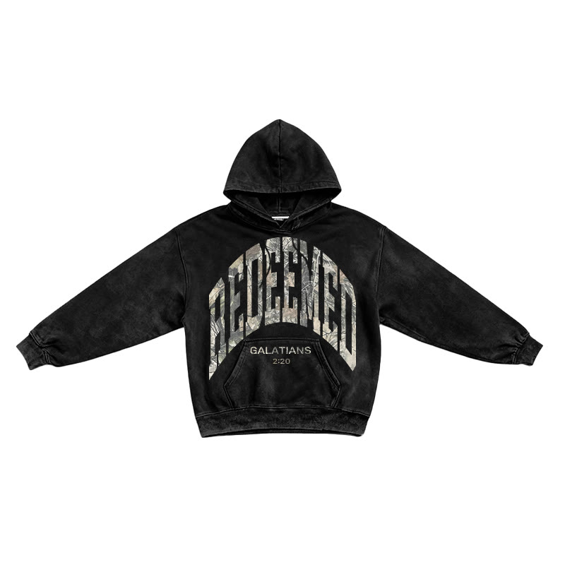 Dead Leaves Camouflage Redeemed Galatians 2:20 Printed Washed Long Sleeve Hoodie  - Black - US16-18(2XL) - image 1