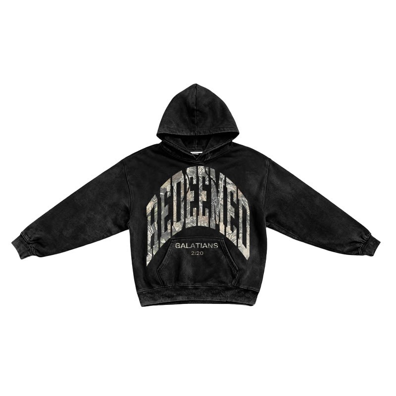 Dead Leaves Camouflage Redeemed Galatians 2:20 Printed Washed Long Sleeve Hoodie  - Black - US16-18(2XL) - image 1