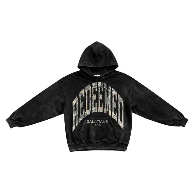 Dead Leaves Camouflage Redeemed Galatians 2:20 Printed Washed Long Sleeve Hoodie  - Black - US16-18(2XL) - image 1
