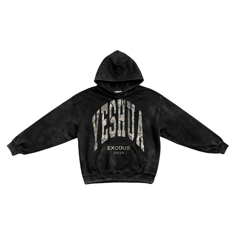 Dead Leaves Camouflage Yahweh Exodus 14:14 Printed Washed Long Sleeve Hoodie  - Black - US16-18(2XL) - image 1