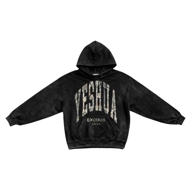 Dead Leaves Camouflage Yahweh Exodus 14:14 Printed Washed Long Sleeve Hoodie  - Black - US16-18(2XL) - image 1