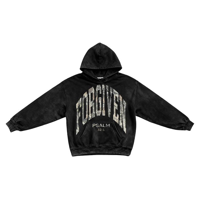 Dead Leaves Camouflage Forgiven Psalm 32:1 Printed Washed Long Sleeve Hoodie  - Black - US16-18(2XL) - image 1