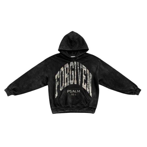 Dead Leaves Camouflage Forgiven Psalm 32:1 Printed Washed Long Sleeve Hoodie  - Black - US16-18(2XL) - image 1
