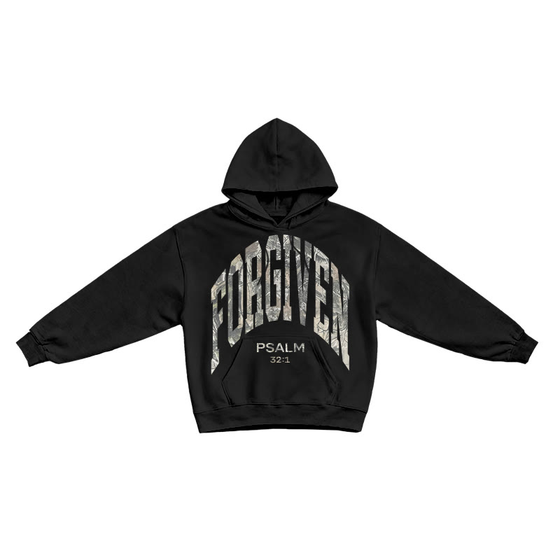 Dead Leaves Camouflage Forgiven Psalm 32:1 Print Causal Hoodie - Black - US16-18(2XL) - image 1