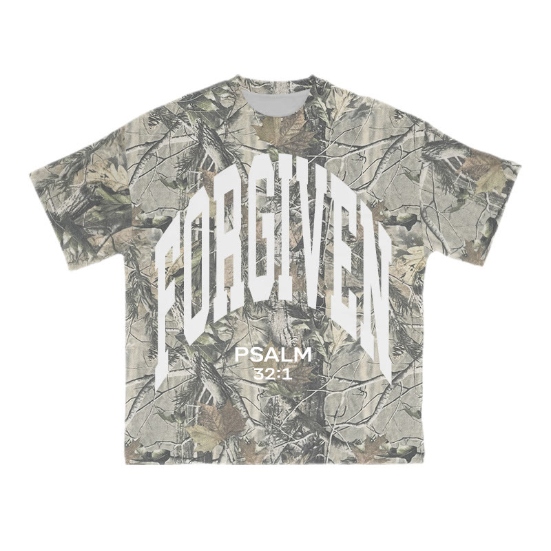 Forgiven Psalm 32:1 Dead Leaves Camouflage Print Causal T-shirt - Green - 8XL - image 1
