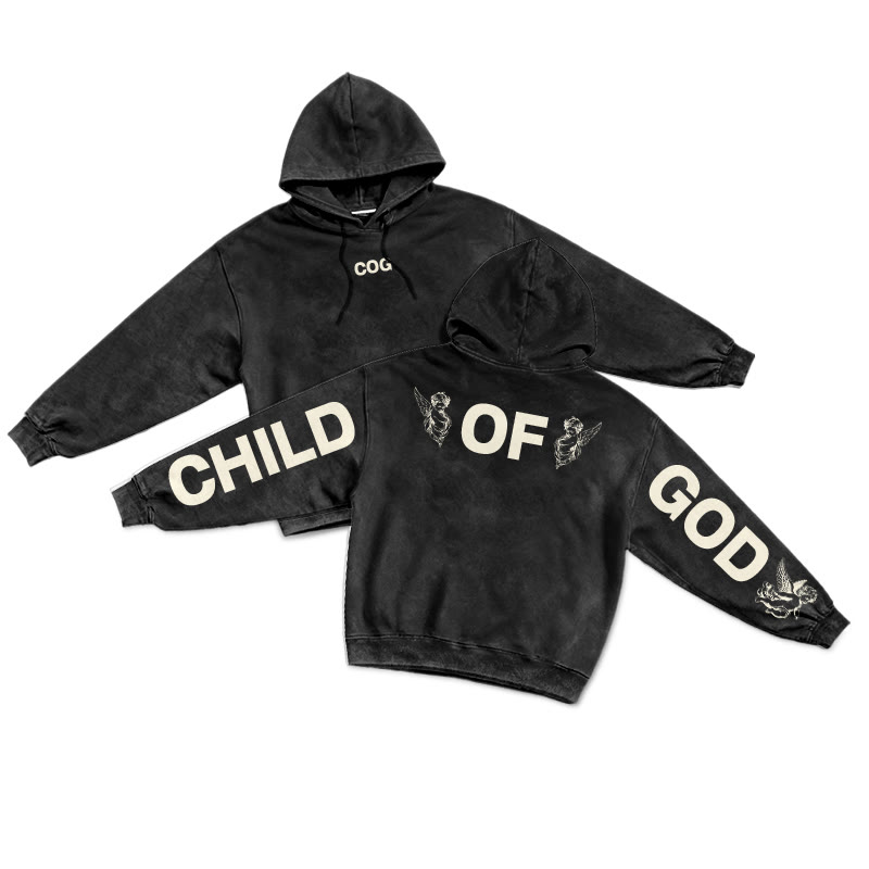 Child Of God Creative Back Printed Washed Hoodie  - Black - US16-18(2XL) - image 1