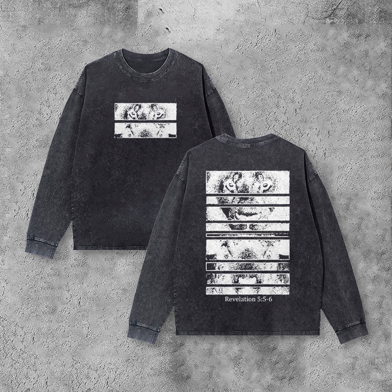 Revelation 5:5-6 Print Acid Washed Long Sleeve T-shirt - Black - US20-22(3XL) - image 1
