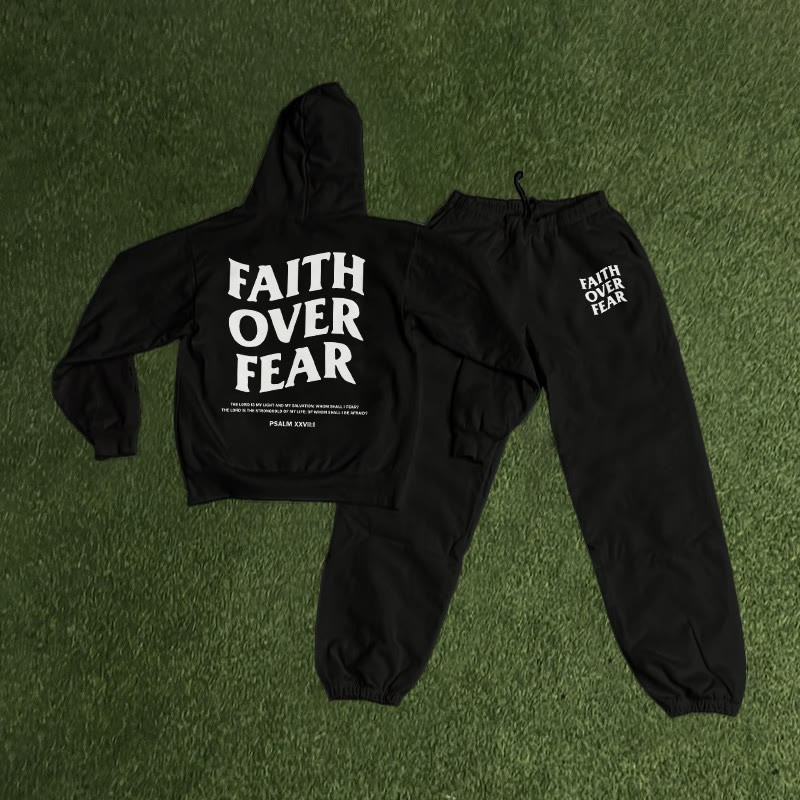 Faith Over Fear Print Causal Hoodie Set - Black - US16-18(2XL) - image 1