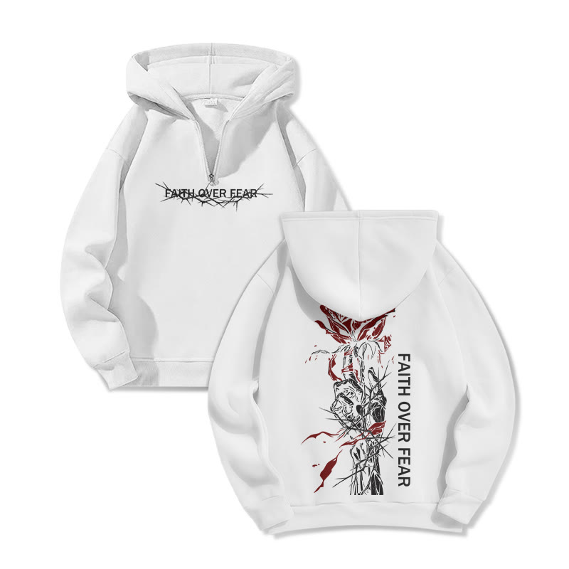 Unisex Faith Over Fear Print Half Zip Hoodie - White - US32-34(5XL) - image 2