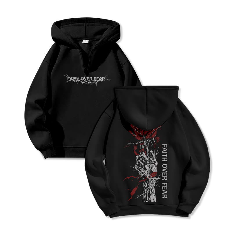 Unisex Faith Over Fear Print Half Zip Hoodie - Black - US32-34(5XL) - image 1