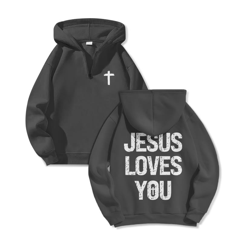 Jesus Loves You Print Half Zip Hoodie - Dark Grey - US32-34(5XL) - image 1