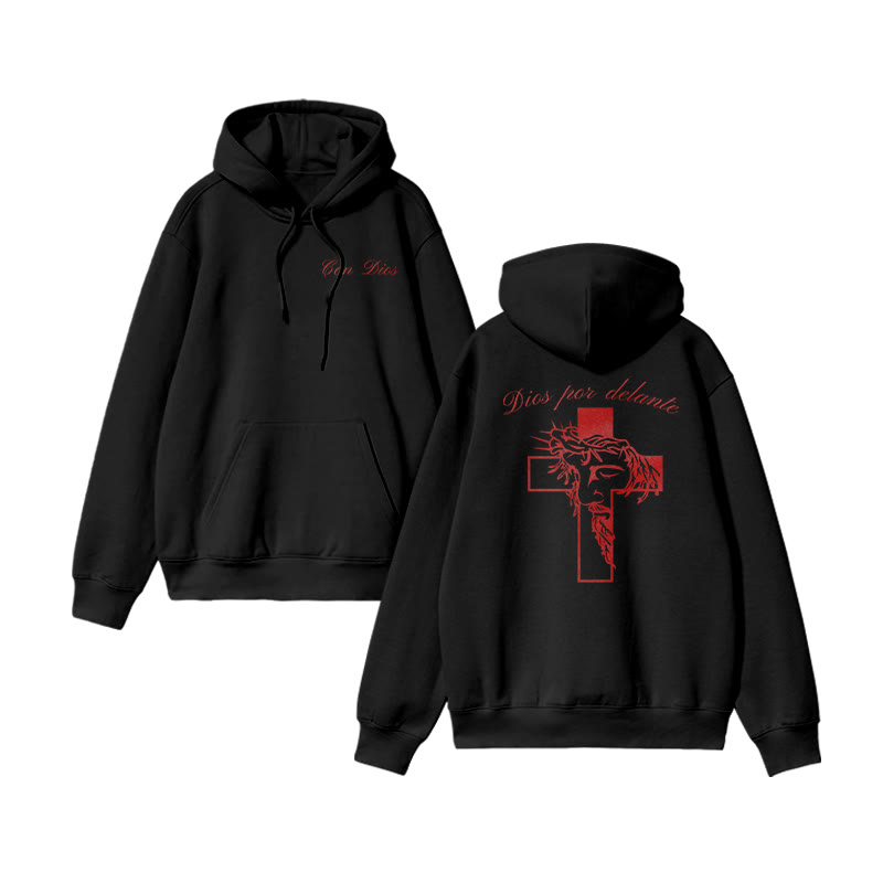 Dios Por Delante Glitter Effect Print Causal Hoodie - Black Red - US16-18(2XL) - image 7