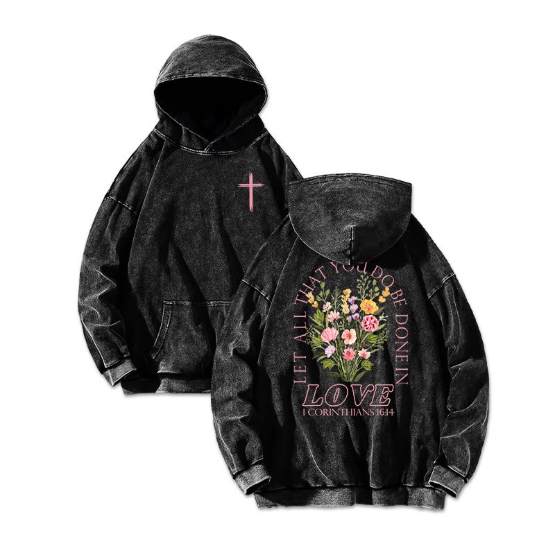 Let All That You Do Be Done In Love Printed Washed Hoodie  - Black - US16-18(2XL) - image 2