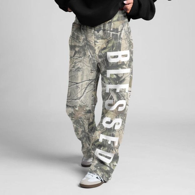 Dead Leaves Camouflage Blessed Print Straight-leg Sweatpants - Green - 5XL - image 1
