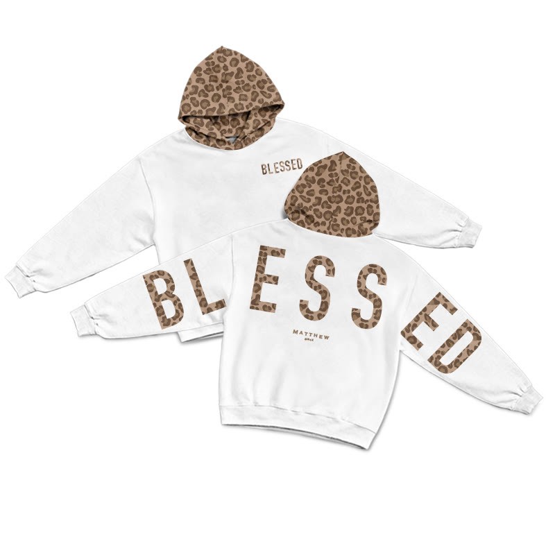 Blessed Matthew 5:3-12 Leopard Design Patchwork Print Causal Hoodie - White-Brown - US44-46(8XL) - image 1
