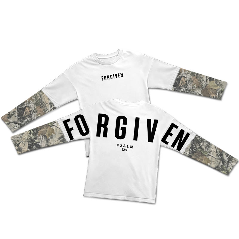 Forgiven Psalm 32:1 Dead Leaves Camouflage Patchwork Print Layered-style T-shirt - White - 5XL - image 2