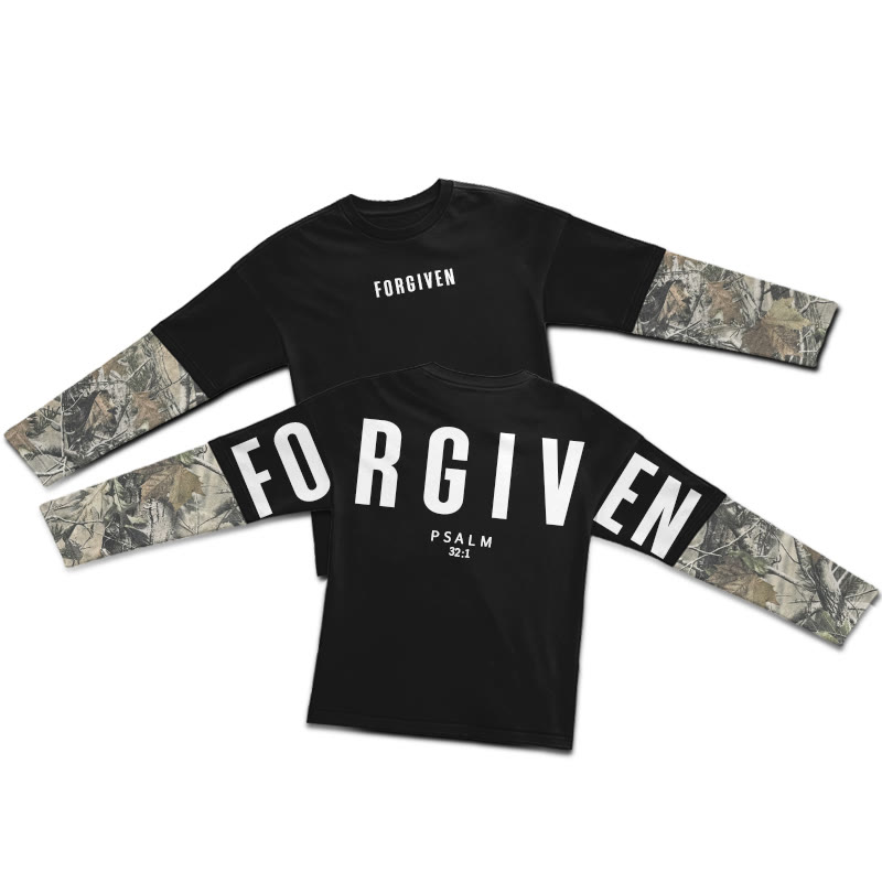 Forgiven Psalm 32:1 Dead Leaves Camouflage Patchwork Print Layered-style T-shirt  - Black - 5XL - image 1
