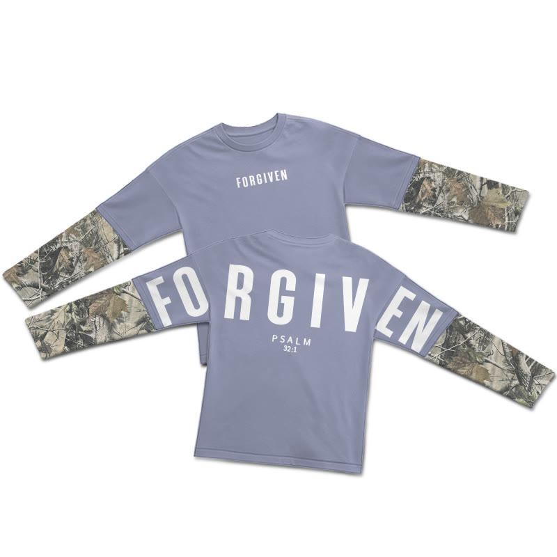 Forgiven Psalm 32:1 Dead Leaves Camouflage Patchwork Print Layered-style T-shirt - Purple - 5XL - image 6