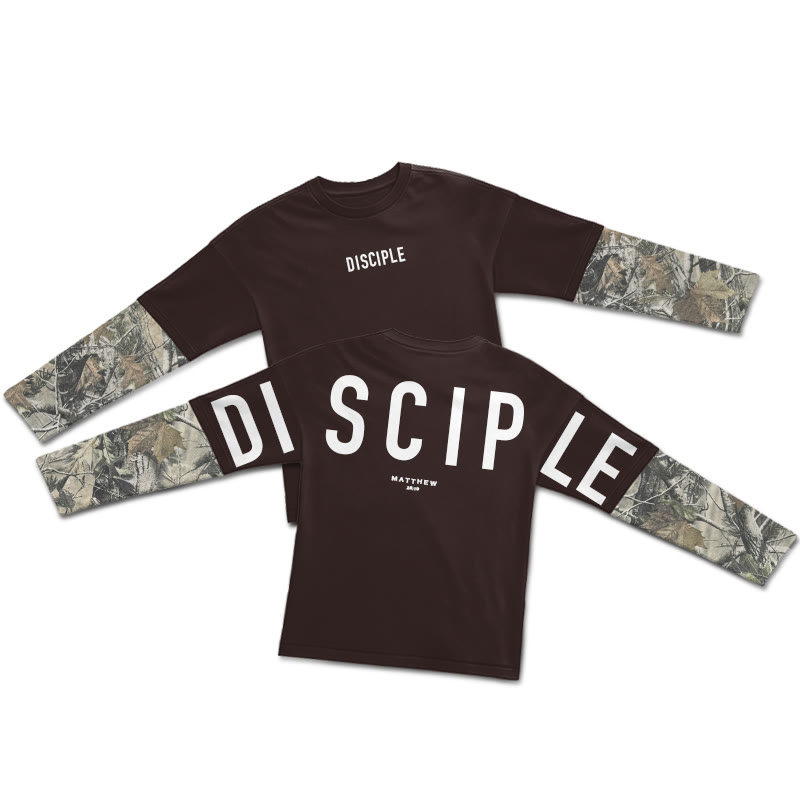 Disciple Matthew 28:19 Dead Leaves Camouflage Patchwork Print Layered-style T-shirt  - Coffee - 5XL - image 1